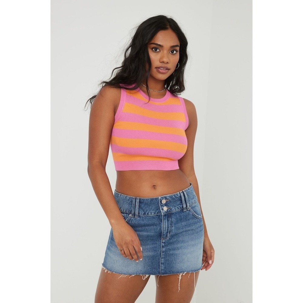 Garage Striped Sweater Vest Pink Orange Knit Crop Tank Top Sleeveless Size S - Picture 2 of 8